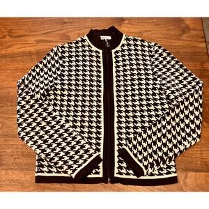 Bordado Women's Cardigan Small Houndstooth Brown‎ White S Preppy Zip Up Knit